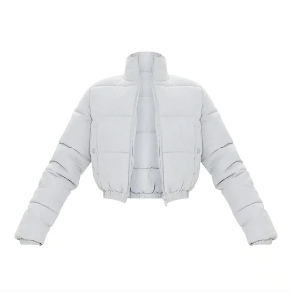 Black Peach Skin Cropped Bubble Puffer Jacket